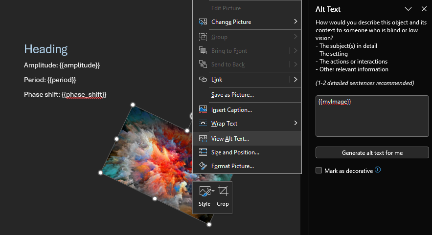 Set the 'Alternative text' of the image to the placeholder