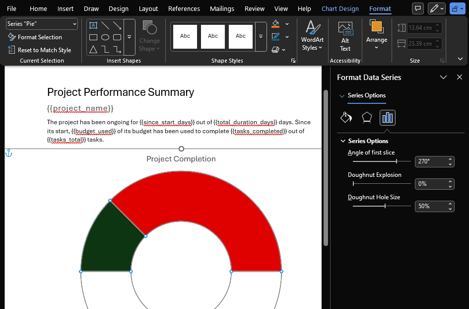 The chart for the project completion in the Word template. The transparent third slice is used to create a speedometer-like gauge chart